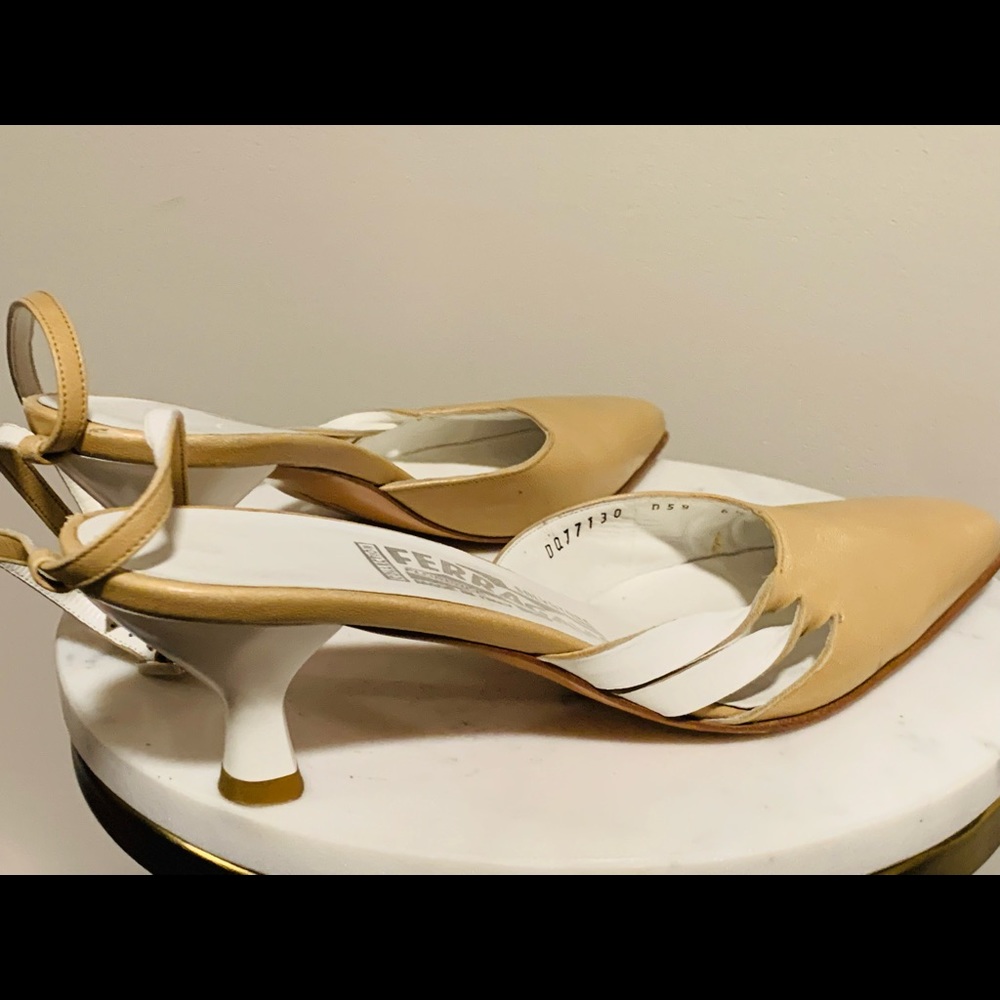 Salvatore Ferragamo Beige & White Sling Back Kitten Heels Pumps - sz 6 1/2 2A